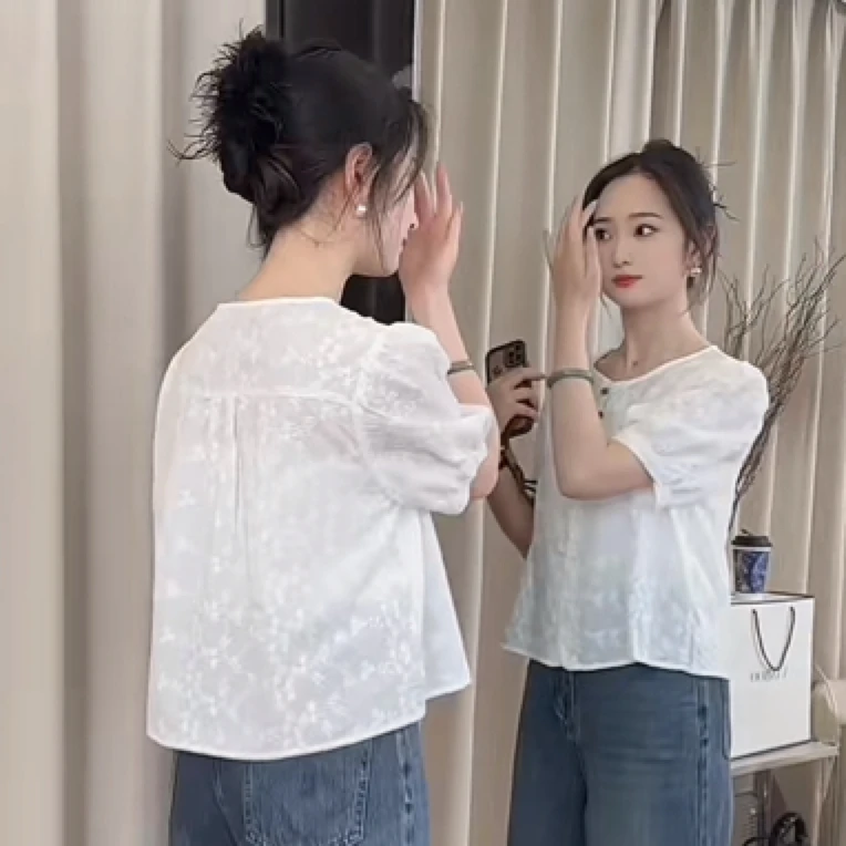 短款衬衫短袖女2025夏季新款高级感刺绣小衫小个子法式小众小衫