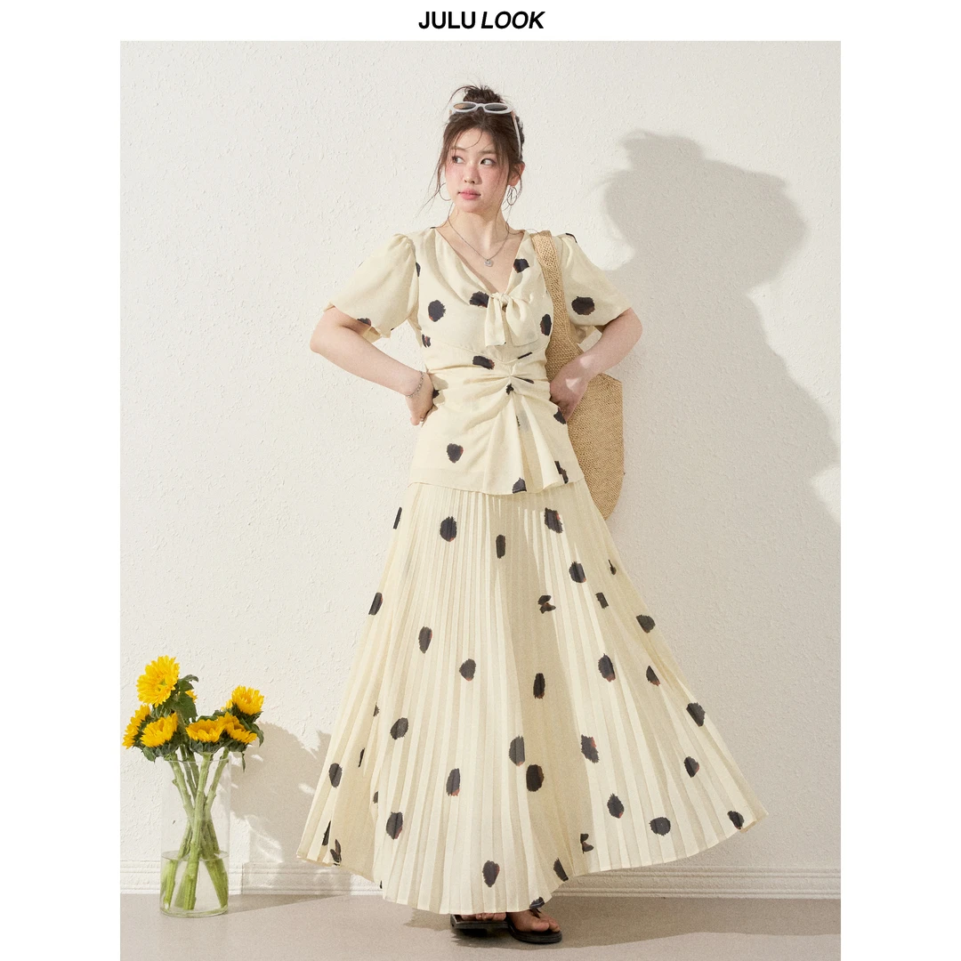 巨鹿工作室“柑橘日落”微胖mm蝴蝶结V领显瘦上衣/半身裙大码套装