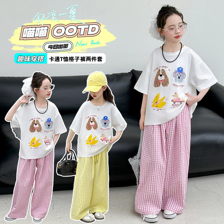 韩版甜美卡通温柔学生中大童潮款夏季新款时尚亲子装套装阔腿休闲
