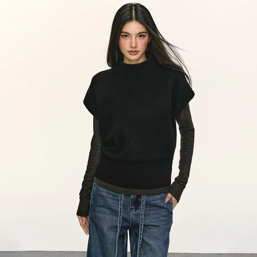 anna aneae高领叠穿chic短袖马甲100羊毛半高领休闲针织上衣女新