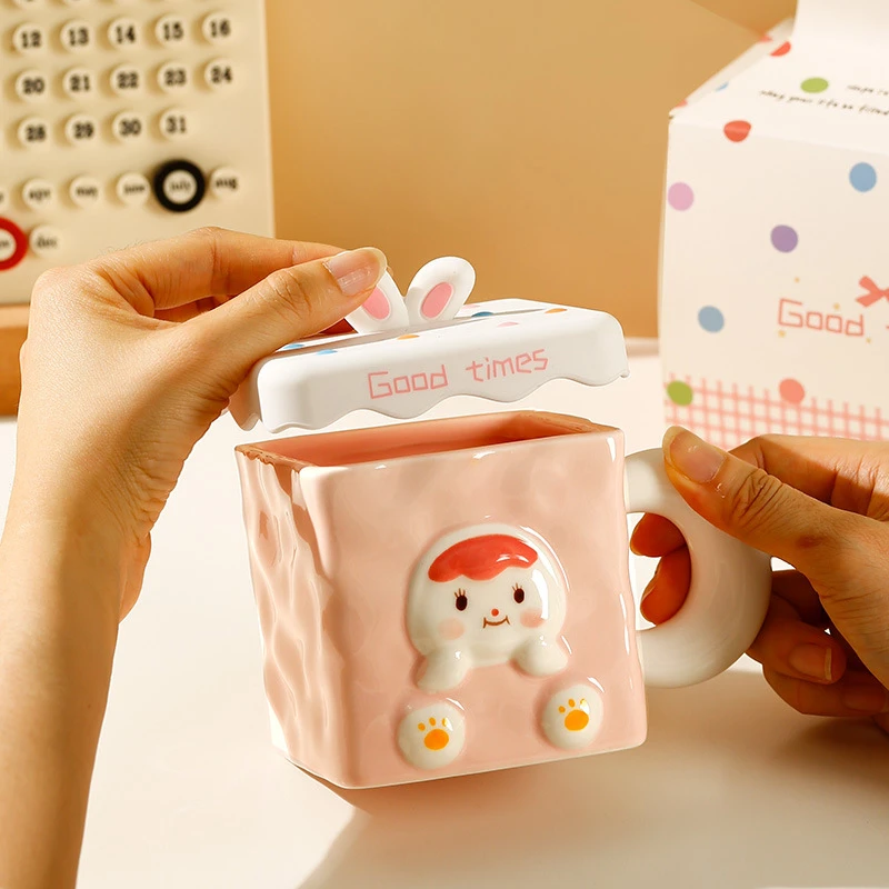 创意方形陶瓷杯带盖可爱萌兔吸管杯女士办公用水壶耐高温马克杯