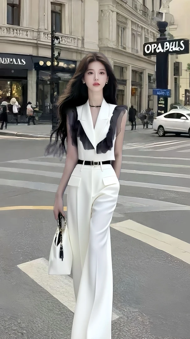 时尚气质氛围感穿搭白色V领无袖修身上衣+白色休闲百搭长裤两件套