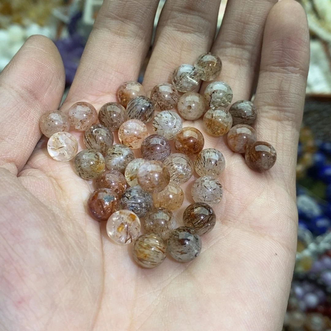玛瑙/玉髓未镶嵌珠宝半成品五个天然8mm黑金超七水晶