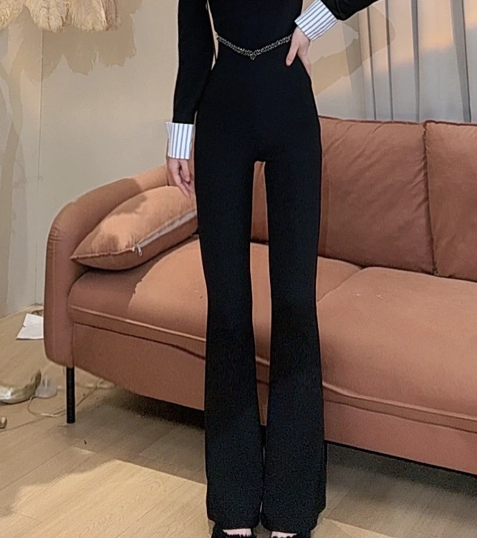 【美美专享】13198设计感高腰紧身钻边腰头微喇长裤女