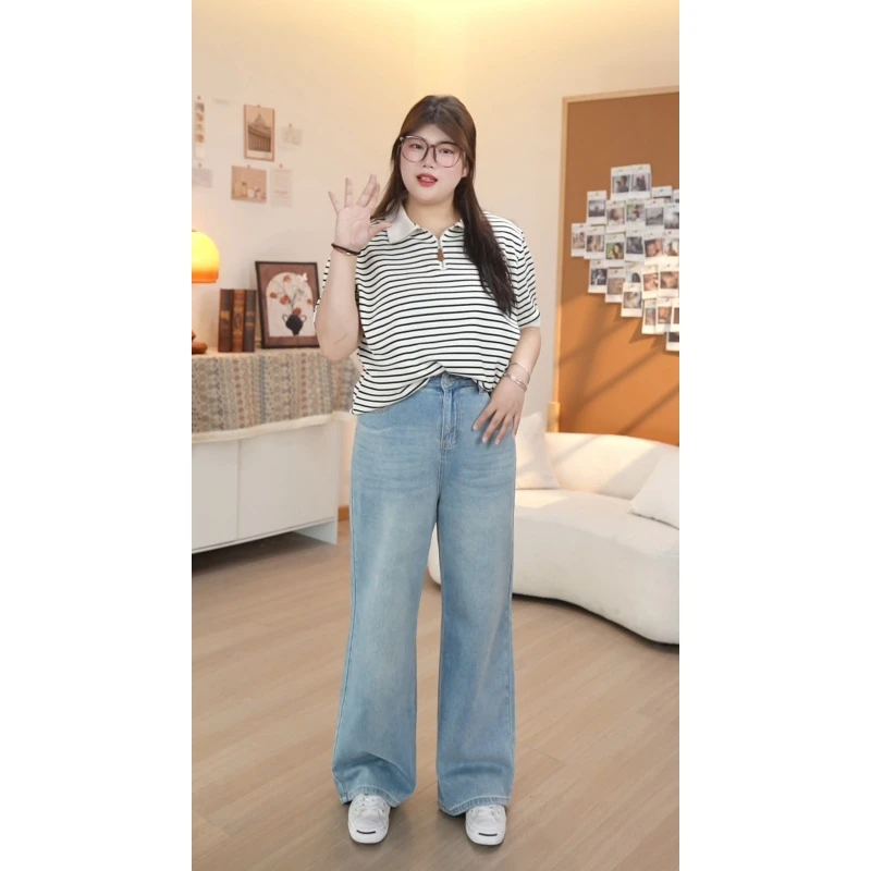 【程雪专属】欧若风2025秋季大码百搭直筒高腰牛仔裤女胖mm显瘦裤子