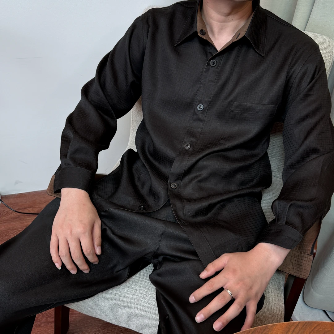 月下扬帆2598秋季新款提花缎香云纱100%桑蚕丝翻领休闲长袖男衬衫