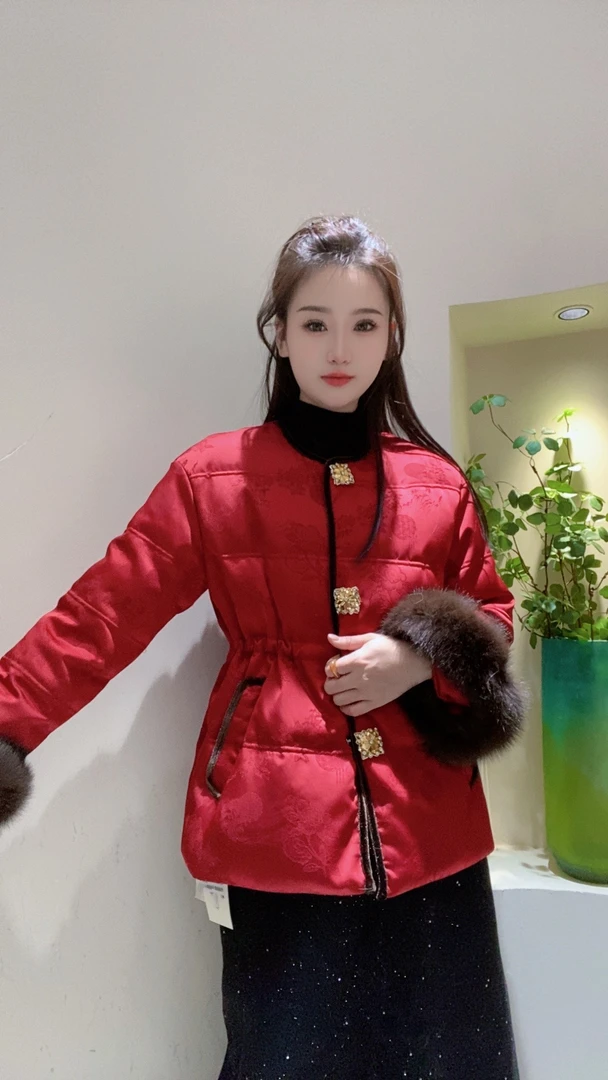 新中式冬季钻石扣腰间抽绳年货战袍棉服外套8819