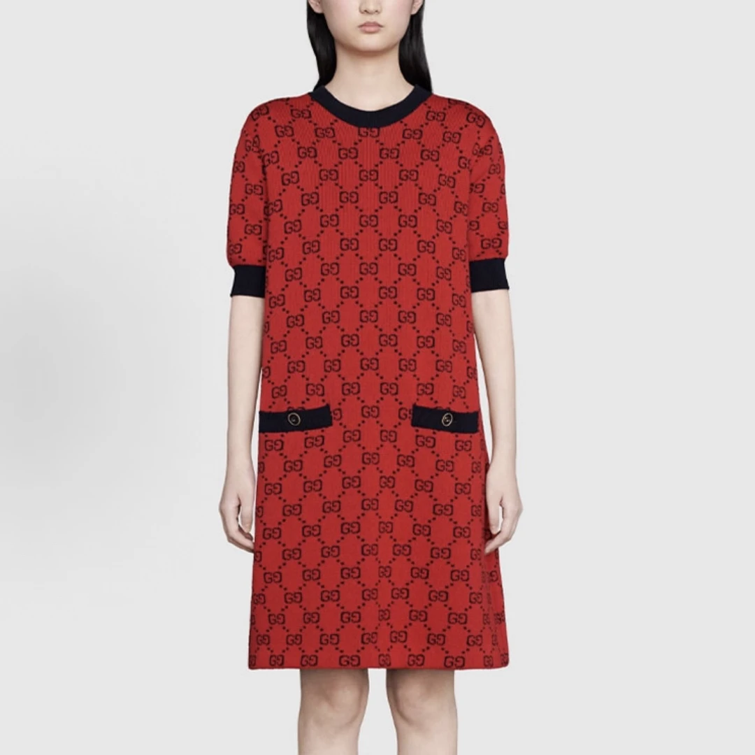 99新 GUCCI/古驰 GUCCI古驰双G提花拼接休闲连衣裙红色S码/E50805