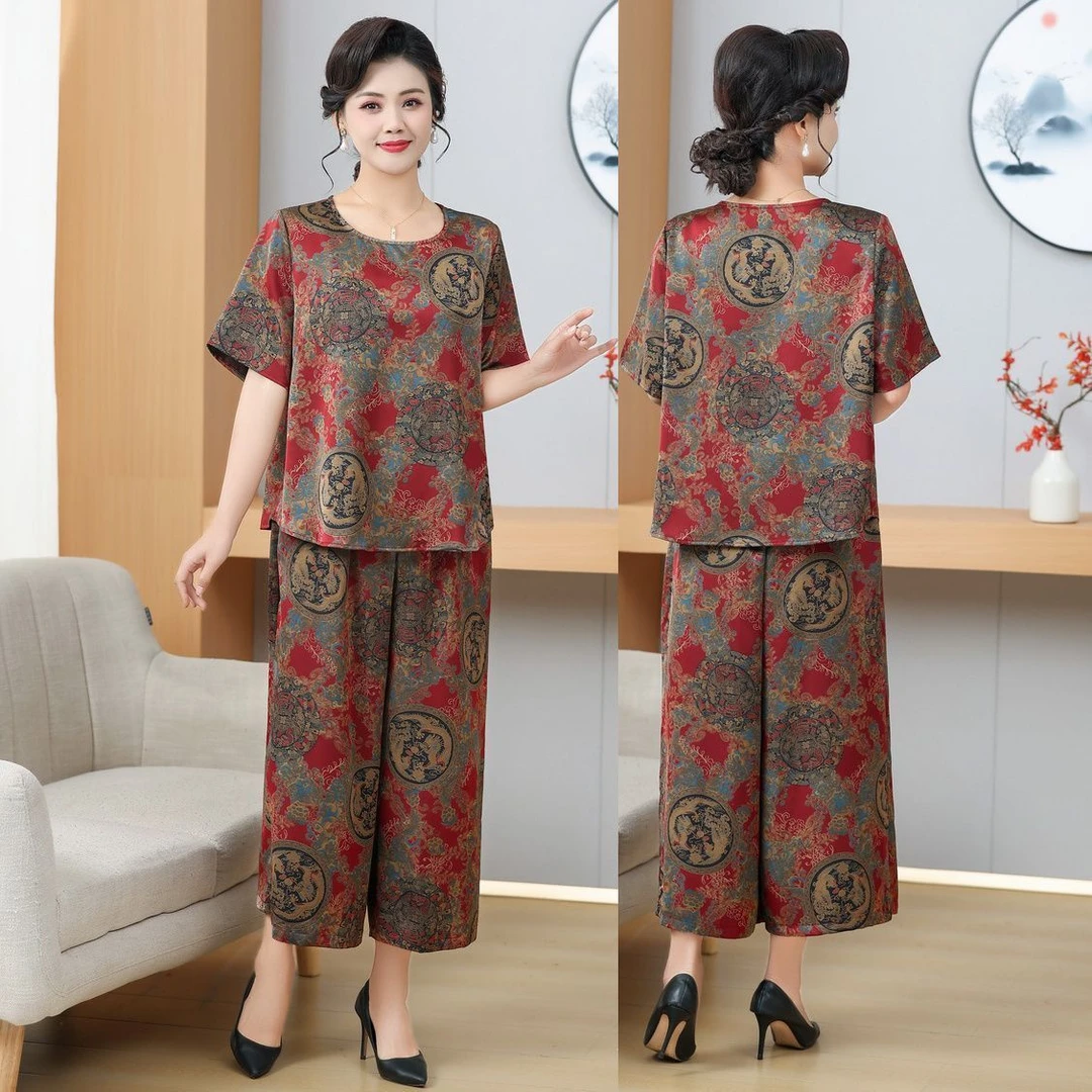 夏季九分裤圆领冰丝薄款中老年女装气质洋气妈妈装宽松时尚套装