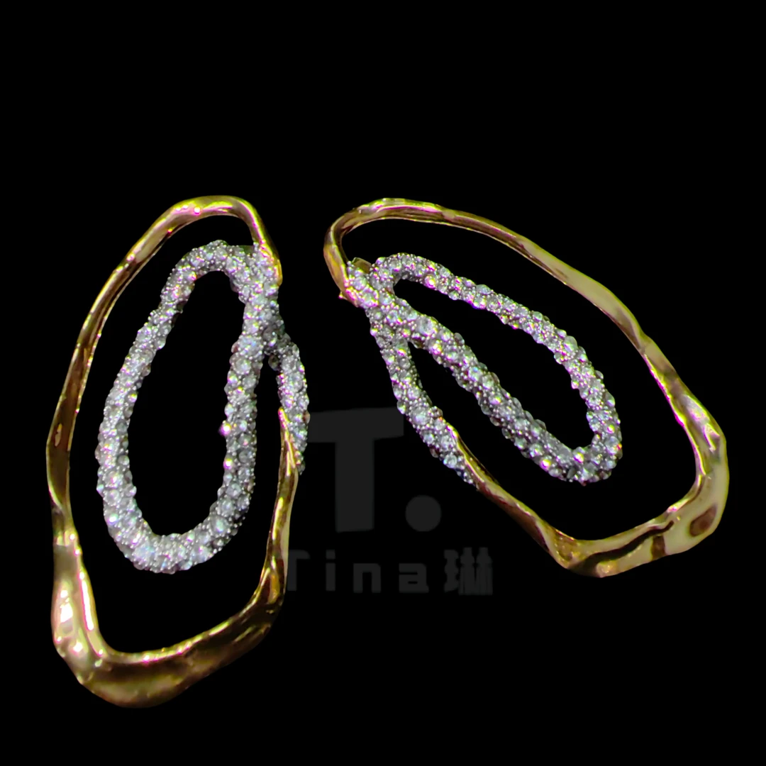 铜合金合成锆石耳饰 【AB4011】双色电镀镶嵌法式夸张时尚小众个性