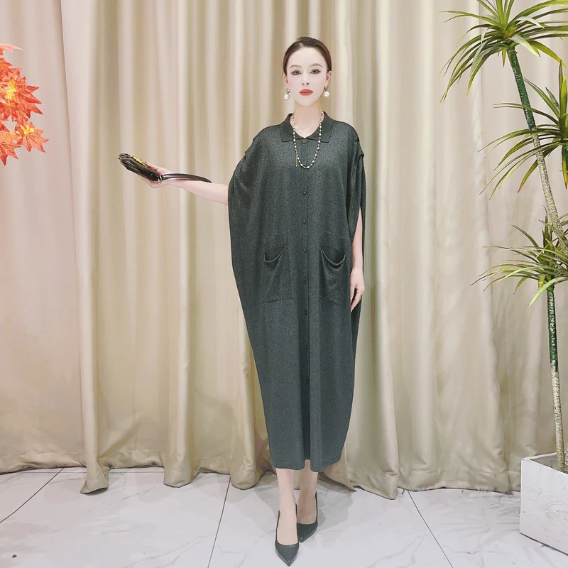 9633碳灰绿针织连衣裙收腰显瘦设计师优雅时尚气质复古夏季