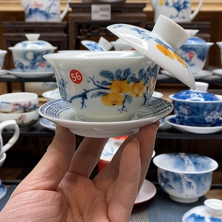 手绘微瑕喜柿图盖碗