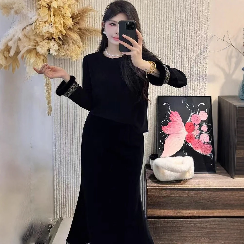 新中式国风圆领德容拉毛加厚打底衫上衣女2025新款拼接刺绣上衣