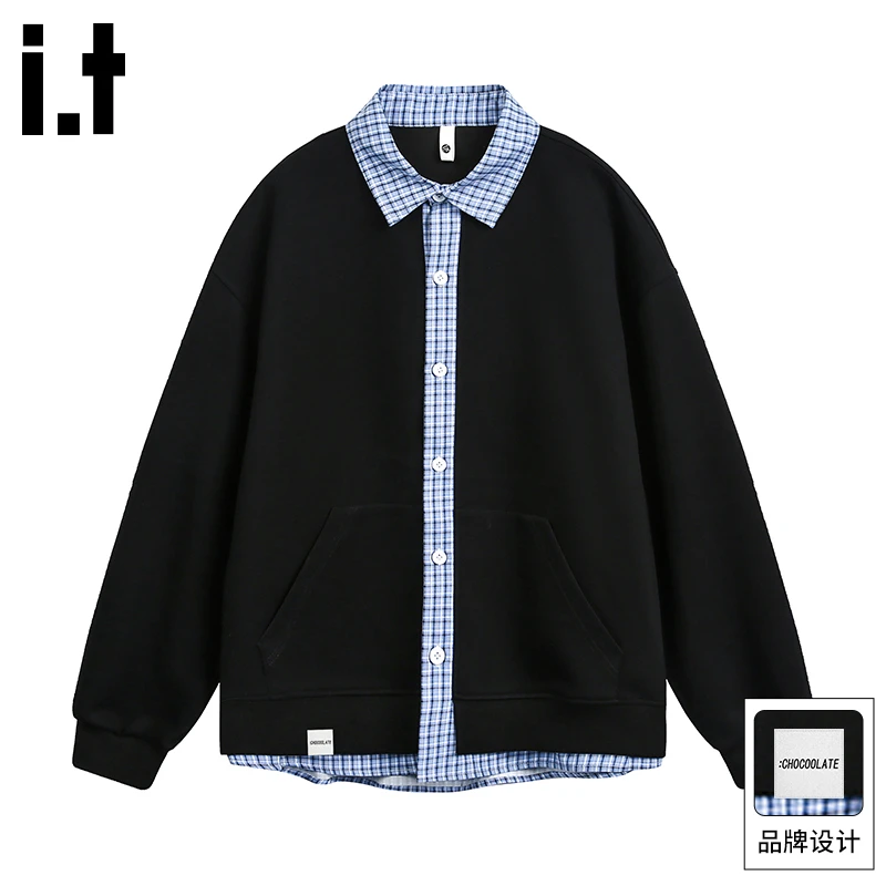 it :CHOCOOLATE美式复古拼接假两件男秋季潮牌设计感重磅休闲卫衣