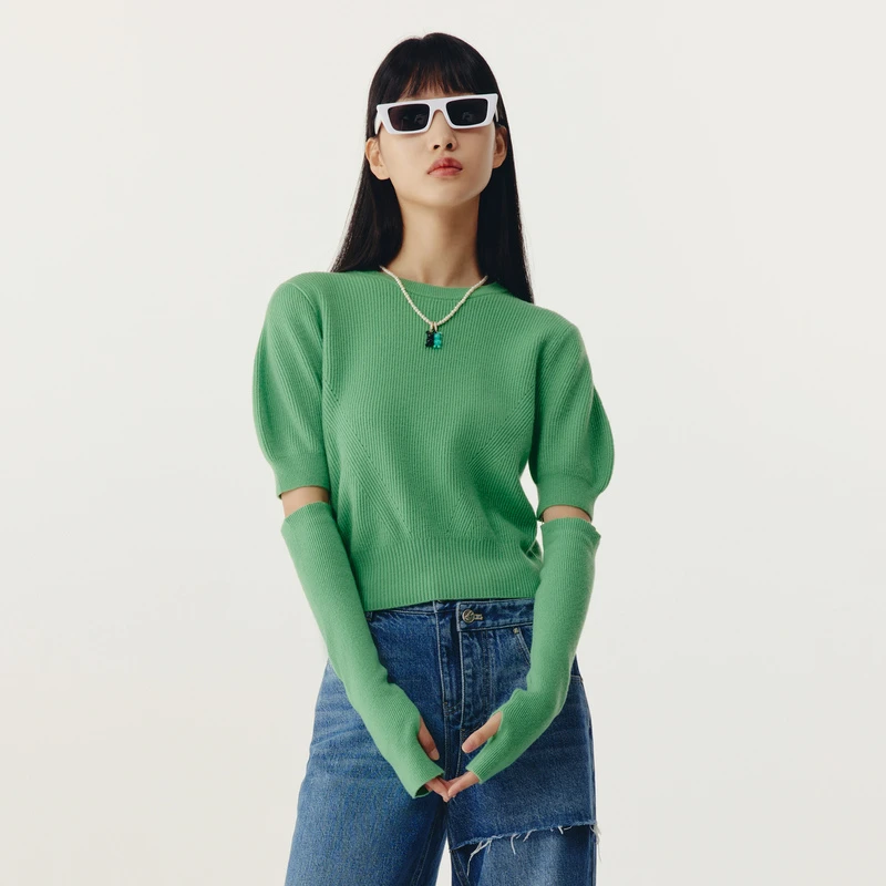 HPLY荷比俪春季新款女微宽松可脱卸泡泡袖针织衫HMD11650087