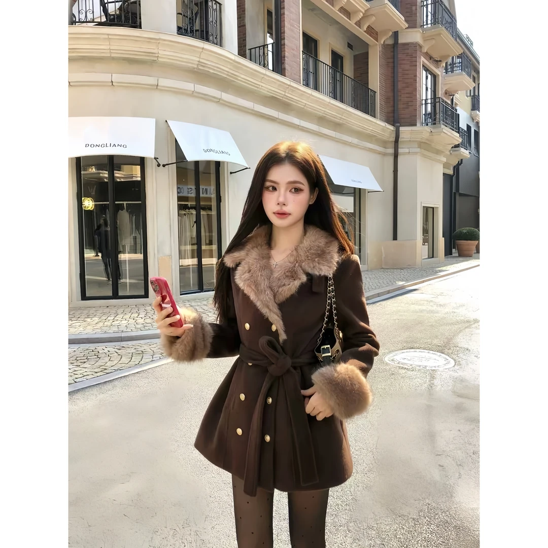 【古着秀场】秋冬新款甜美纯欲风千金氛围感系带收腰双排扣毛呢外套