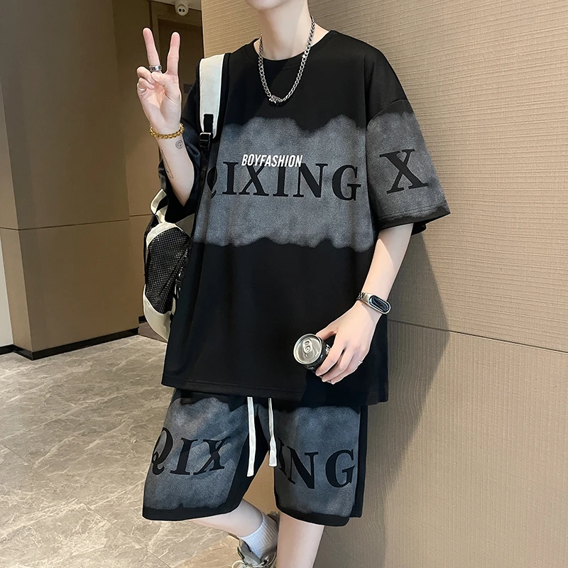 夏季新款潮流宽松休闲运动套装青少年学生半袖短裤男生帅气两件套