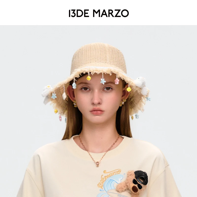 13DE MARZO女士 25春夏新款海岛风贝壳帽防晒遮阳宽檐沙滩帽子