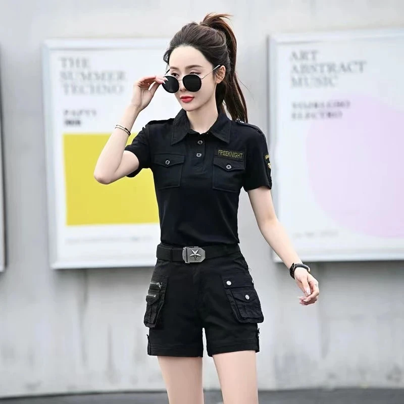 夏季迷彩服套装女短袖短裤显瘦弹力洋气翻领黑色女时尚套装夏季