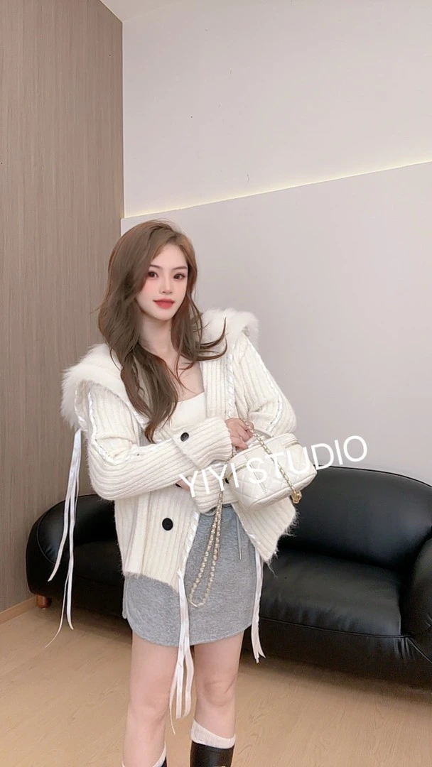 休闲设计感开衫显瘦毛衣女秋冬大翻毛领车条海军领百搭款针织外套