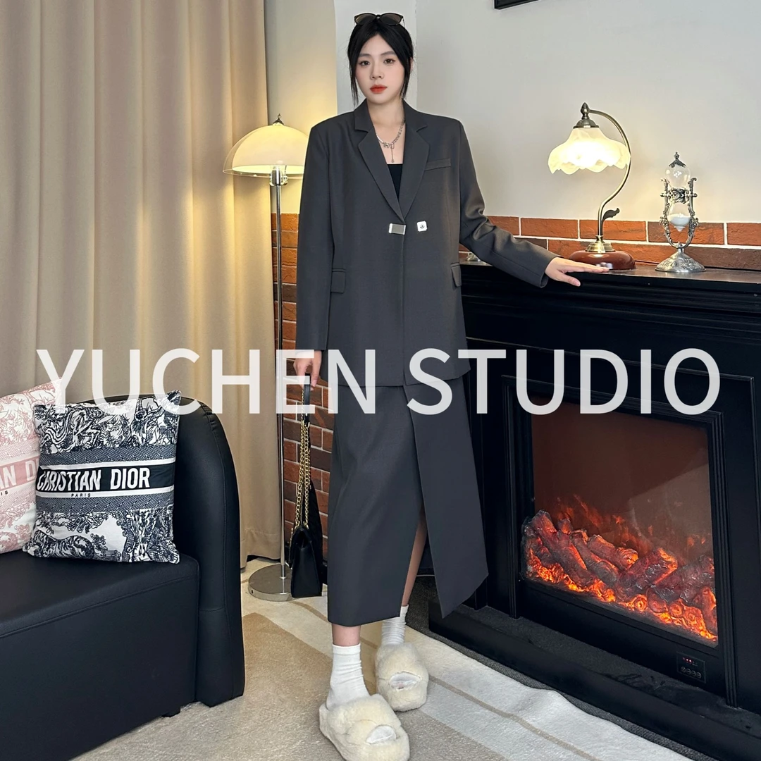 YUCHEN早春时尚百搭西装套装气质显瘦轻奢网红设计师上衣半身裙