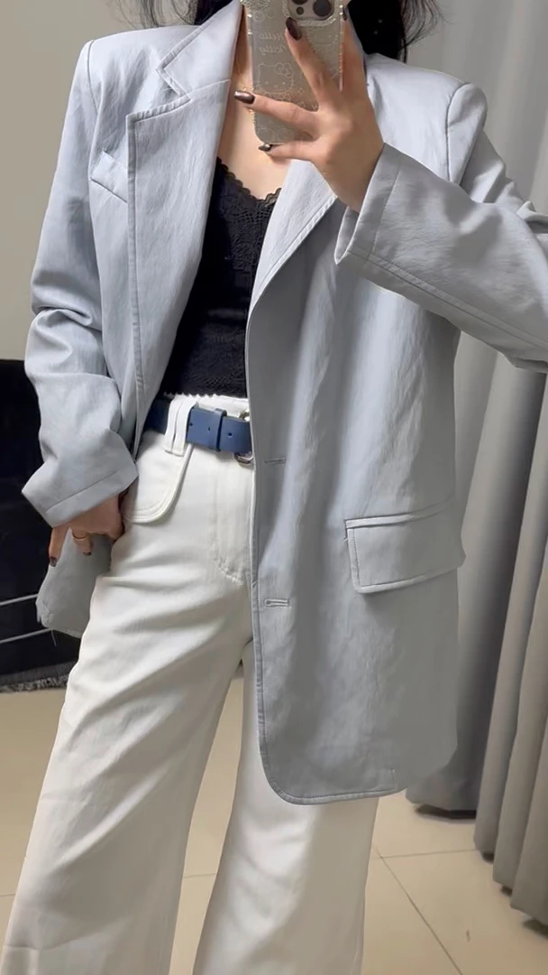 春秋常规款长袖宽松型法式皮衣简约春夏薄款百搭宽松时尚休闲