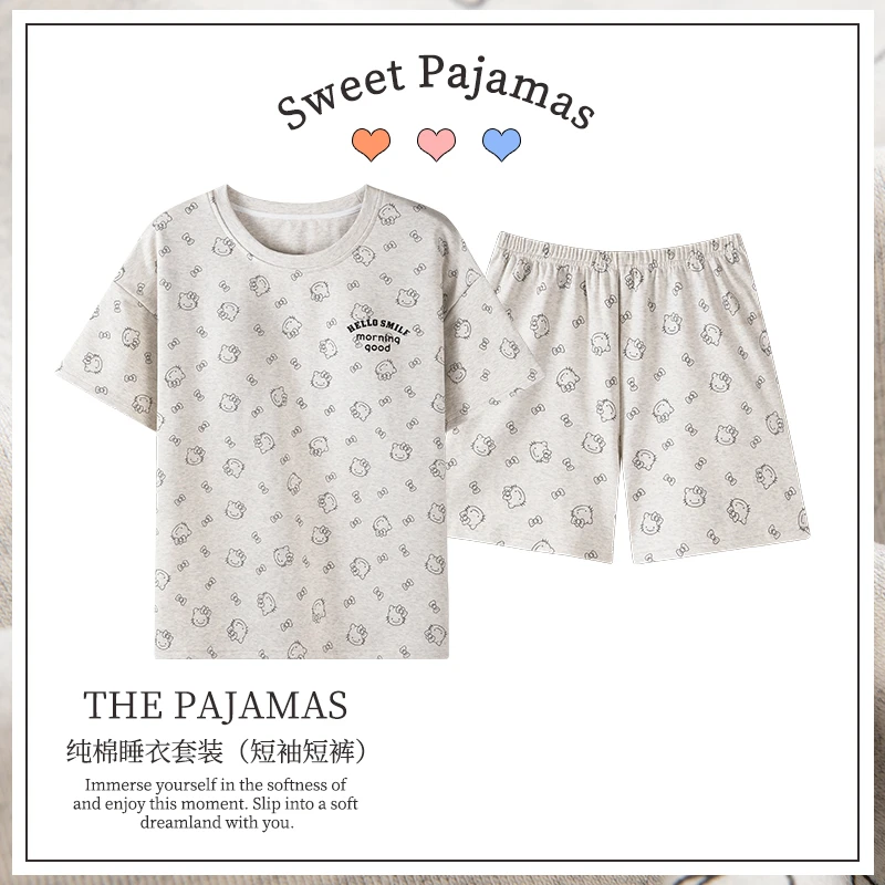 卡之恋夏季女士睡衣短袖短裤套装花灰kitty猫家居服