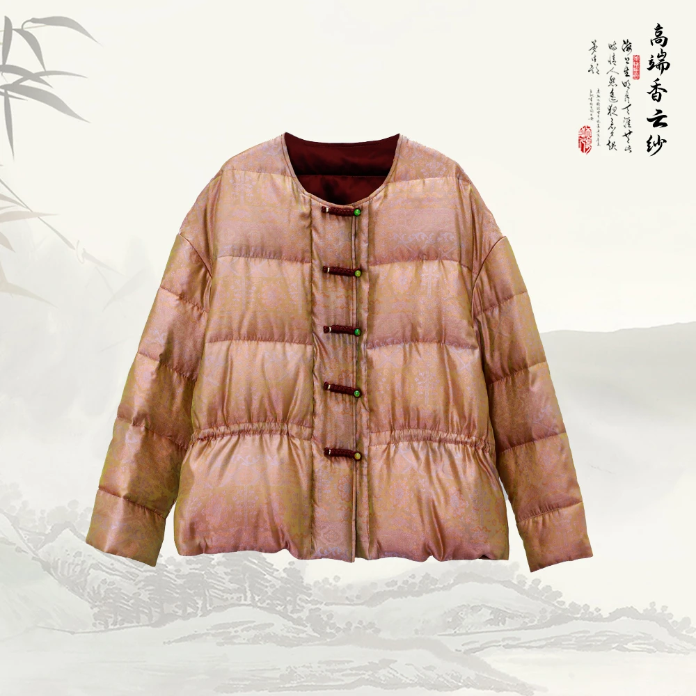 新款桑蚕丝新中式圆领盘扣国风鹅绒服547122-1
