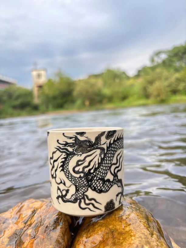 幽蓝溪堂景德镇陶瓷仿元二号釉系列龙纹直口主人杯茶杯品茗杯茶具
