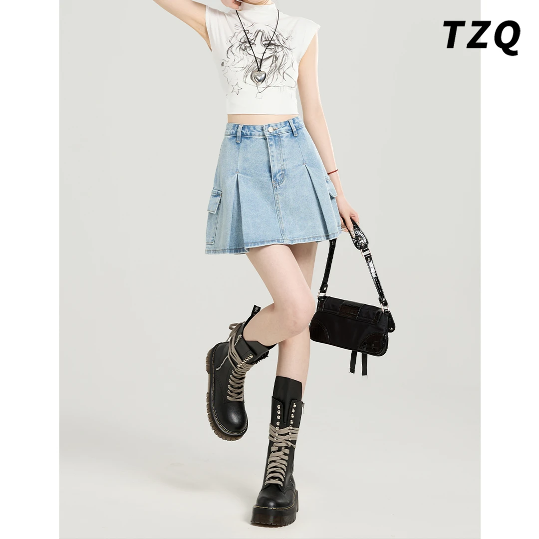 浅蓝色2025夏季新款工装牛仔短裙女爆款包臀A字百褶裙TZQ2532033