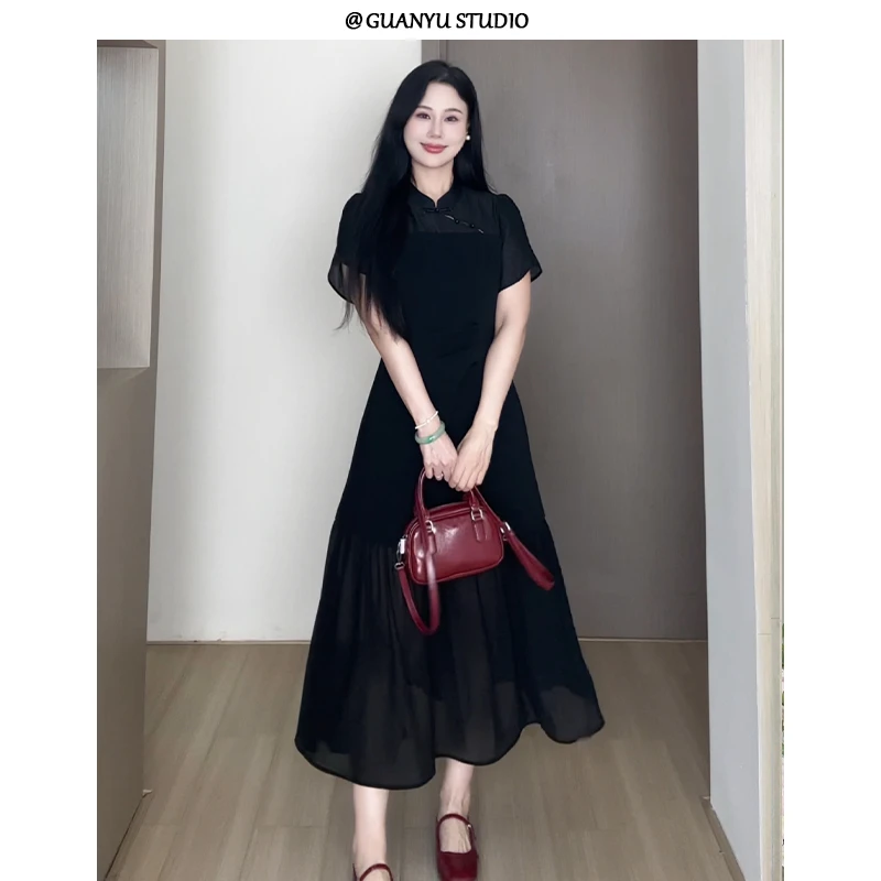 【墨色佳人】蛋妹大码女装微胖mm显瘦夏季新中式旗袍连衣裙DM30585