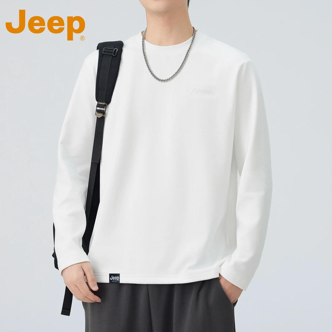 JEEP吉普圆领内搭长袖t恤男士春秋季纯色打底衫百搭男款休闲上衣