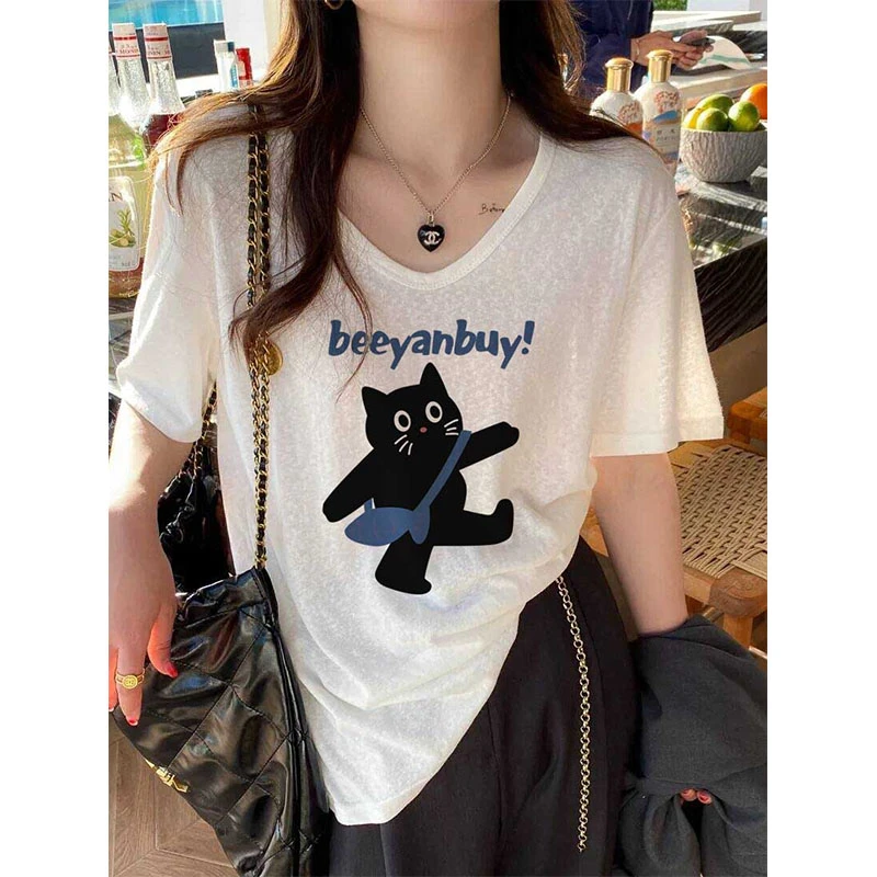 韩系潮流白色竹节棉V领短袖t恤女装直筒版型时尚百搭休闲可外穿