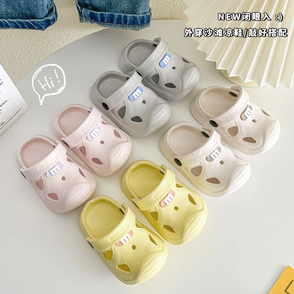 夏季纯色字母包头宝宝拖鞋洞洞鞋男女童洋气外穿沙滩防滑凉拖鞋