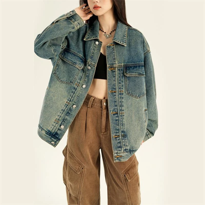 浅蓝色牛仔外套女宽松2025新款早秋复古宽松出游服装女