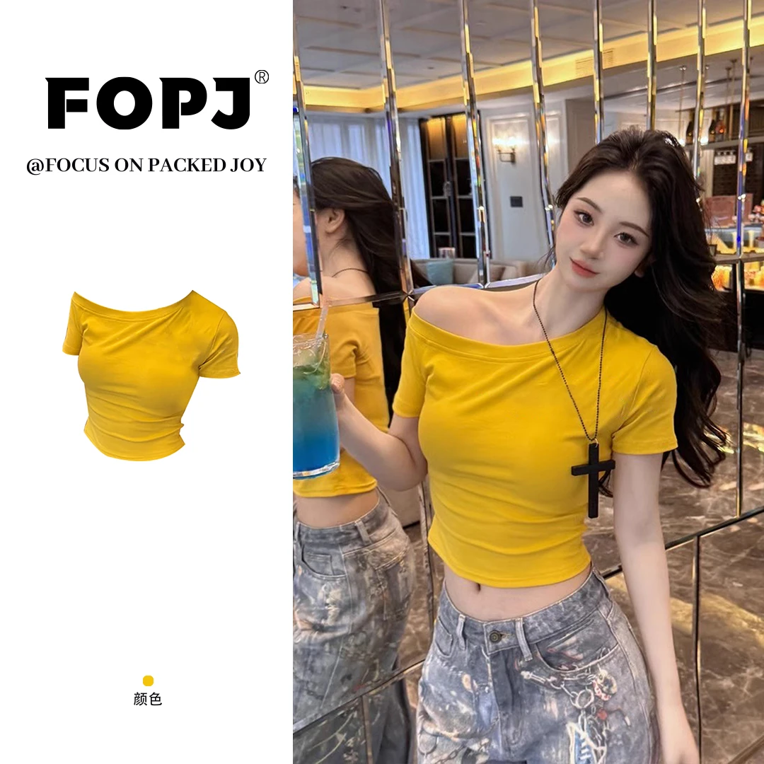FOPJ夏季新款纯色斜肩短袖t恤女收腰显瘦设计感休闲百搭辣妹上衣