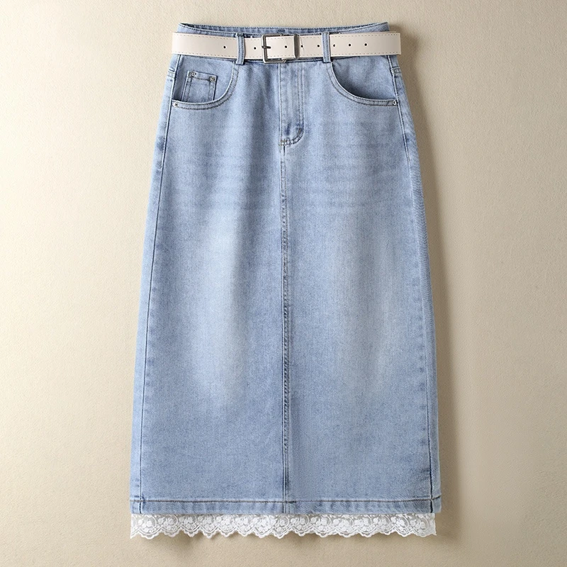 时尚蕾丝拼接牛仔裙夏季新款浅蓝色高腰直筒裙百搭中长款半身裙