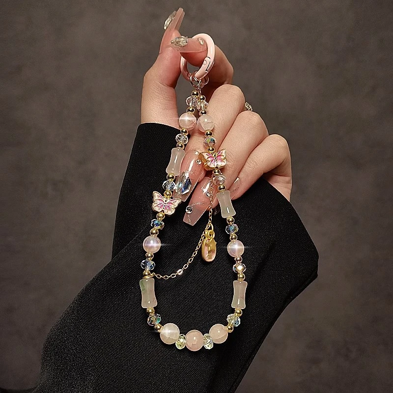 复古蝴蝶琉璃花手机链女款ins时尚精品手作短款手机挂绳手腕挂链