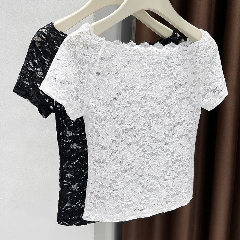 黑色性感一字领蕾丝短袖T恤女镂空设计感透视打底衫夏季修身上衣