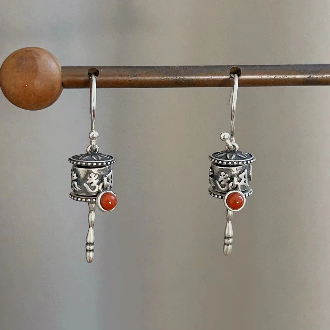 925银耳饰 925银 民族风好运连连转经筒耳环 112157