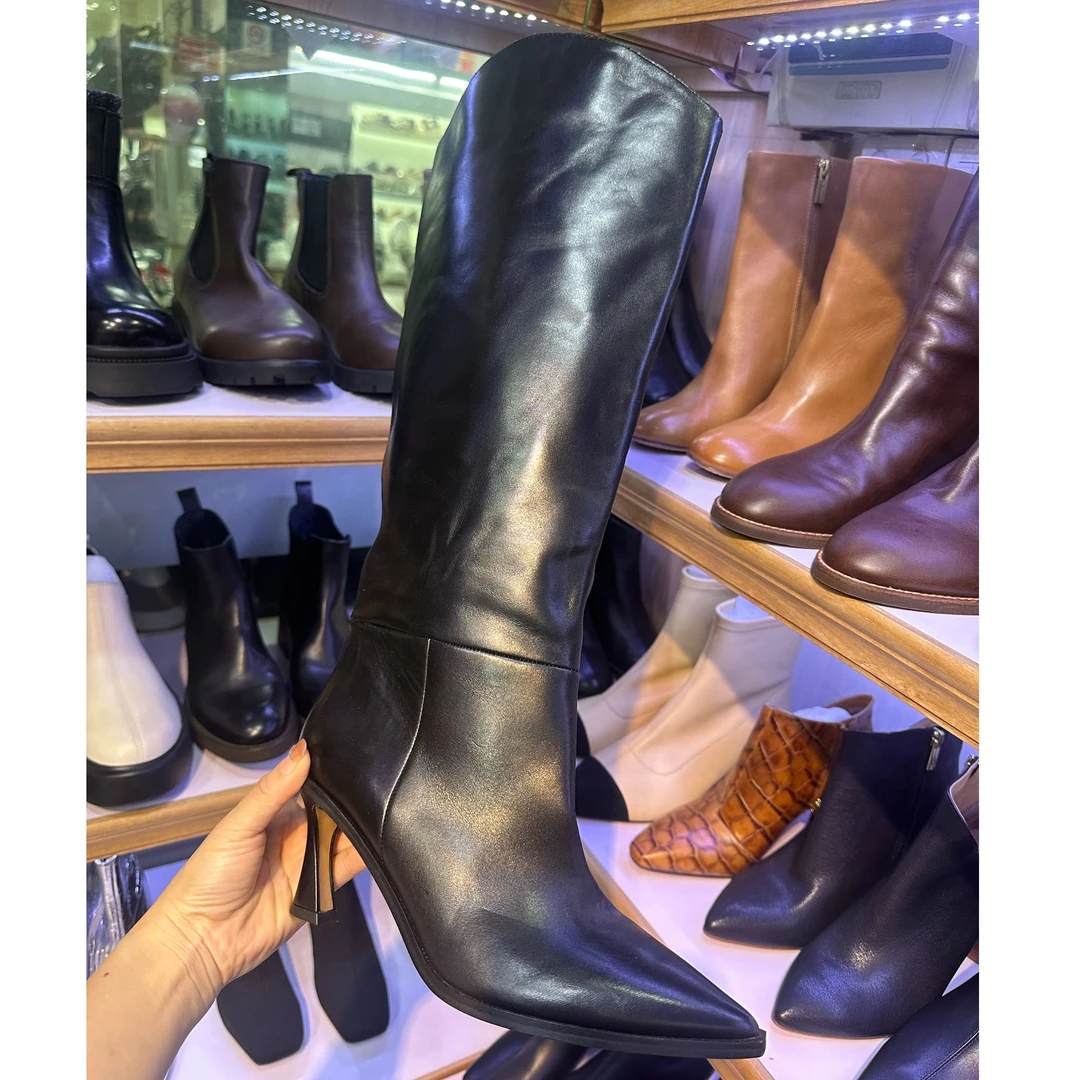 外贸真皮正品7CM 高跟尖头长靴