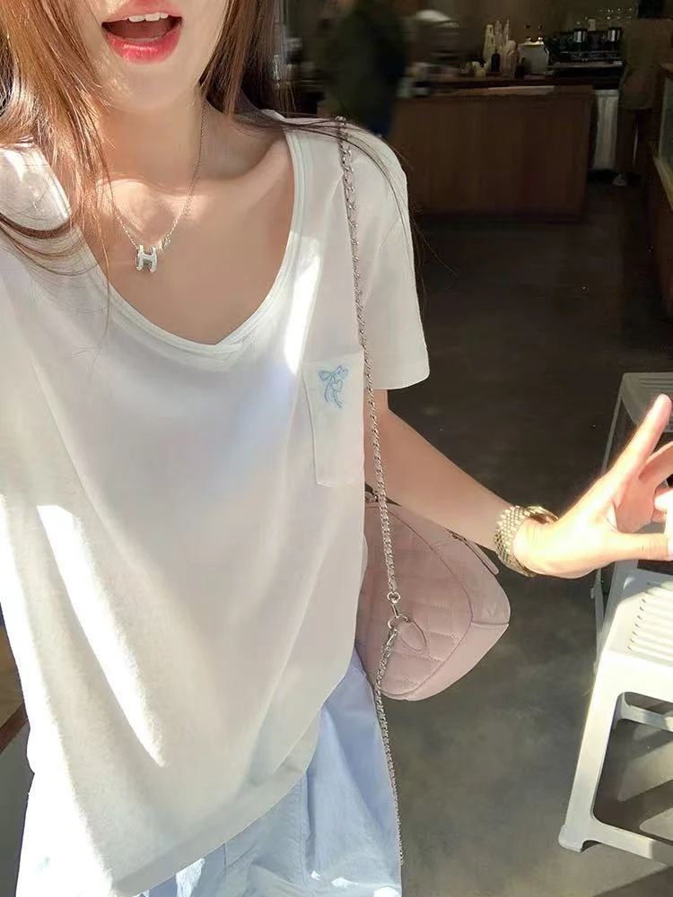韩系V领正肩蝴蝶结额刺绣短袖0166（衣长60）