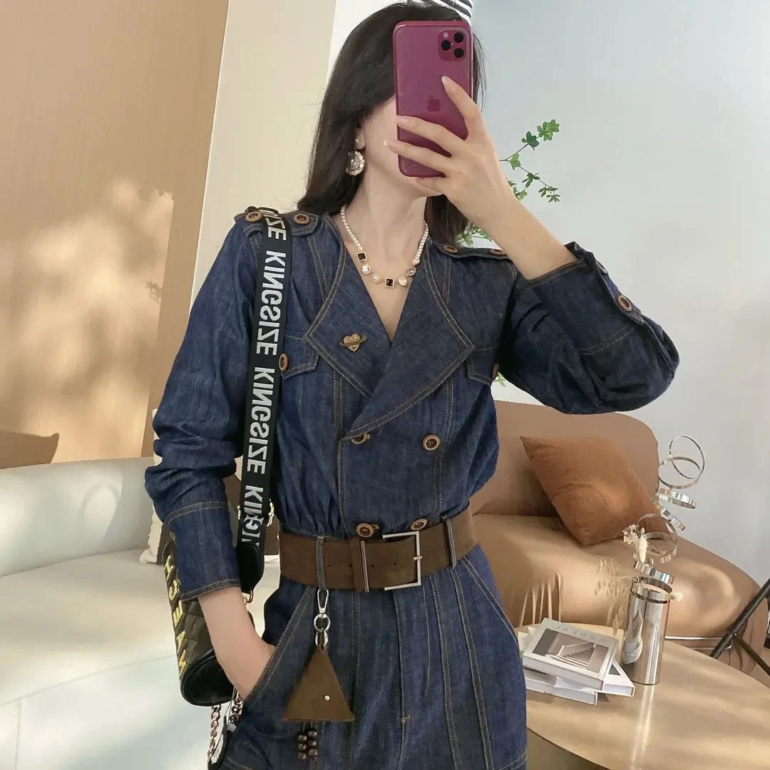 复古气质翻领长袖牛仔连体裤女2025秋季新款设计感收腰显瘦直筒裤