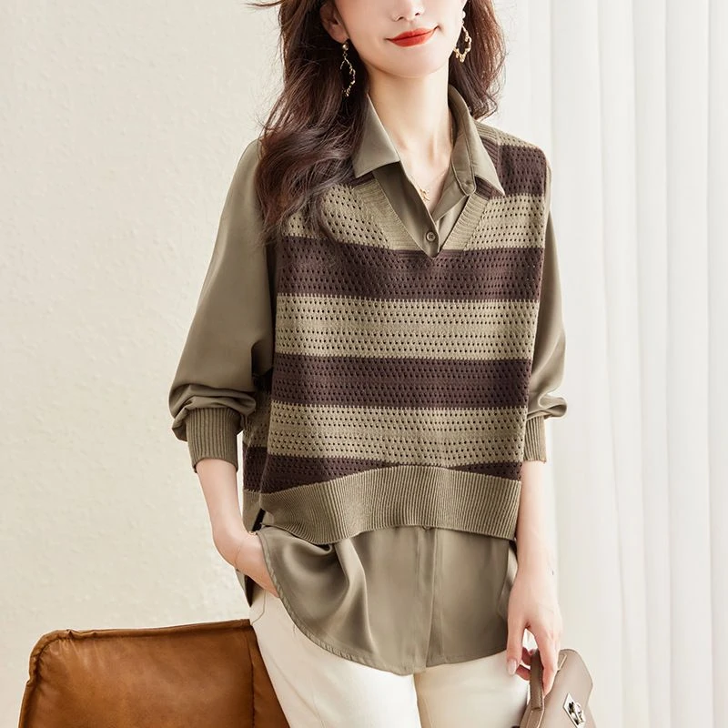 针织衫两件套女2024新款早春洋气减龄春秋季时尚宽松拼接衬衫