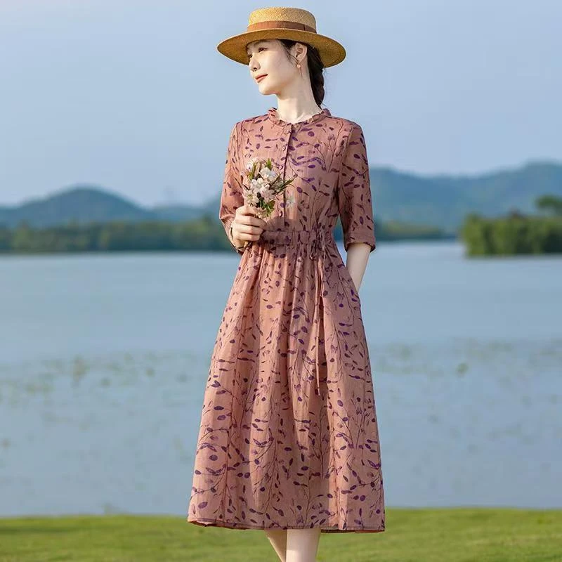 9660-韩版碎花气质连衣裙极简风法式洋气收腰花瓣领长袖（F仓）