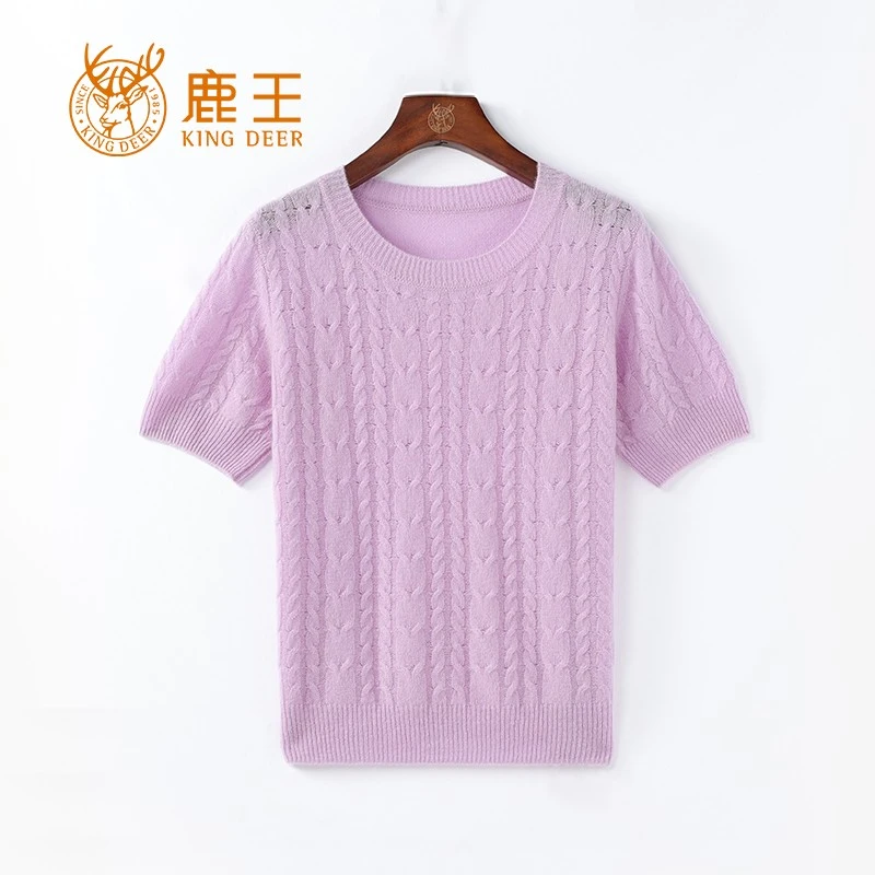鹿王25新款女圆领100山羊绒经典绞花短袖休闲针织套衫 24B061