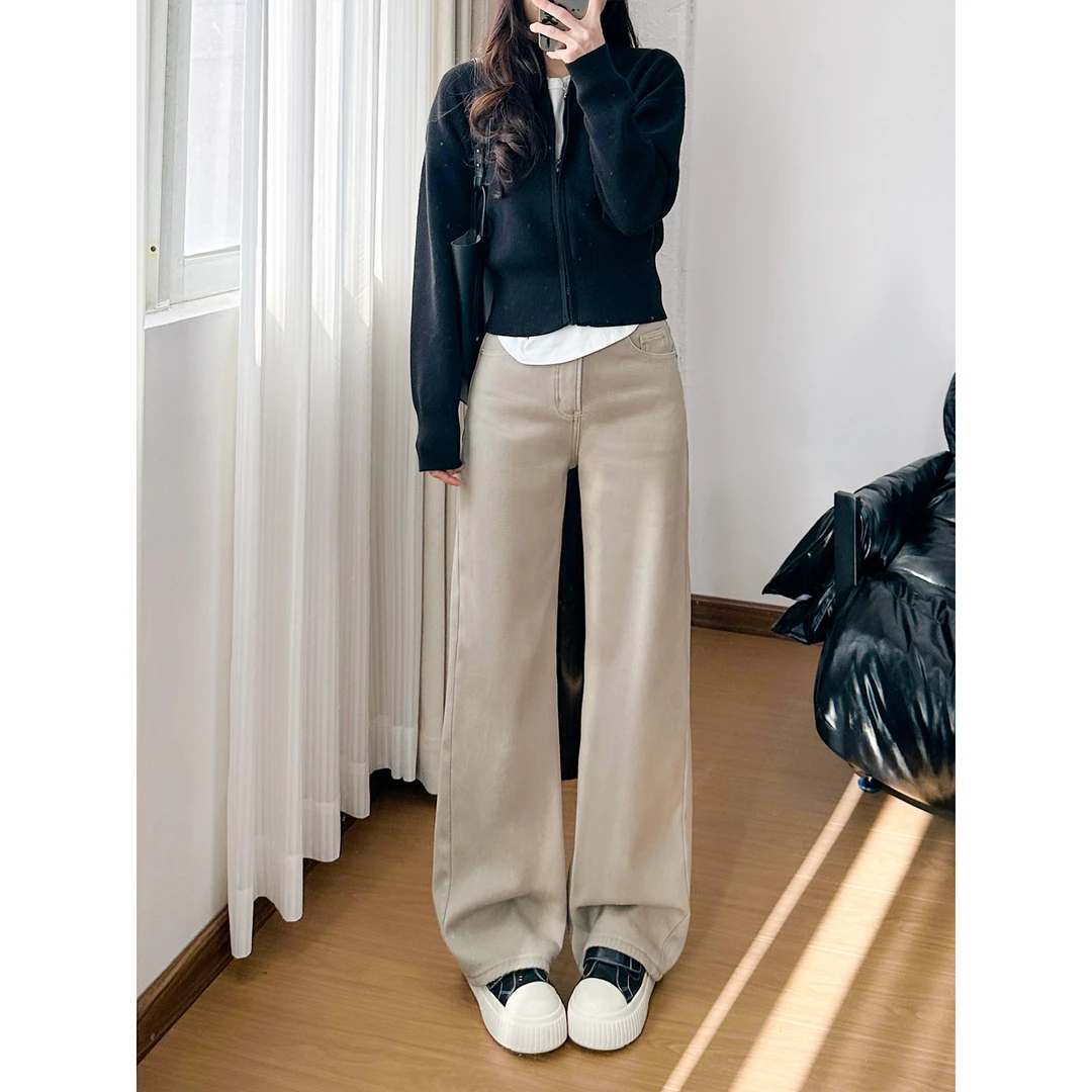 高腰奶咖色加绒阔腿牛仔裤女2025秋冬新款加绒加厚直筒阔腿裤子