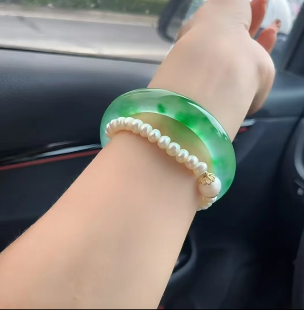 高冰手镯绿花胖圆条妈妈女款大气多样化时尚精美