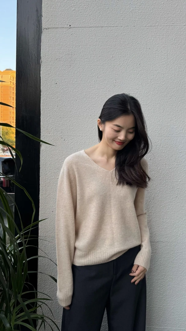 Luo'S羊毛衫无缝一体V领纯色宽松慵懒套头毛衣女