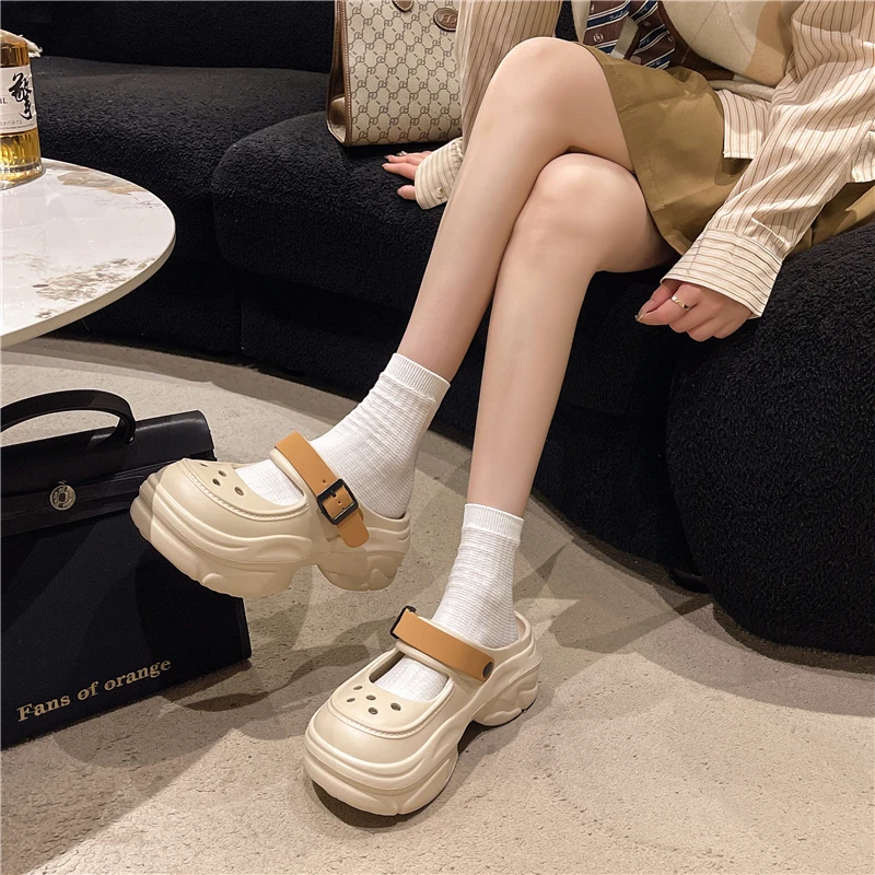 时尚厚底洞洞鞋女夏季2025新款休闲外穿防滑凉鞋百搭包头半拖鞋
